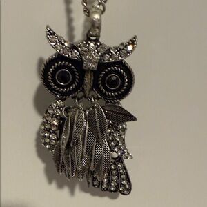 Aeropostale Silver Owl Pendant Rhinestone Embellished Necklace